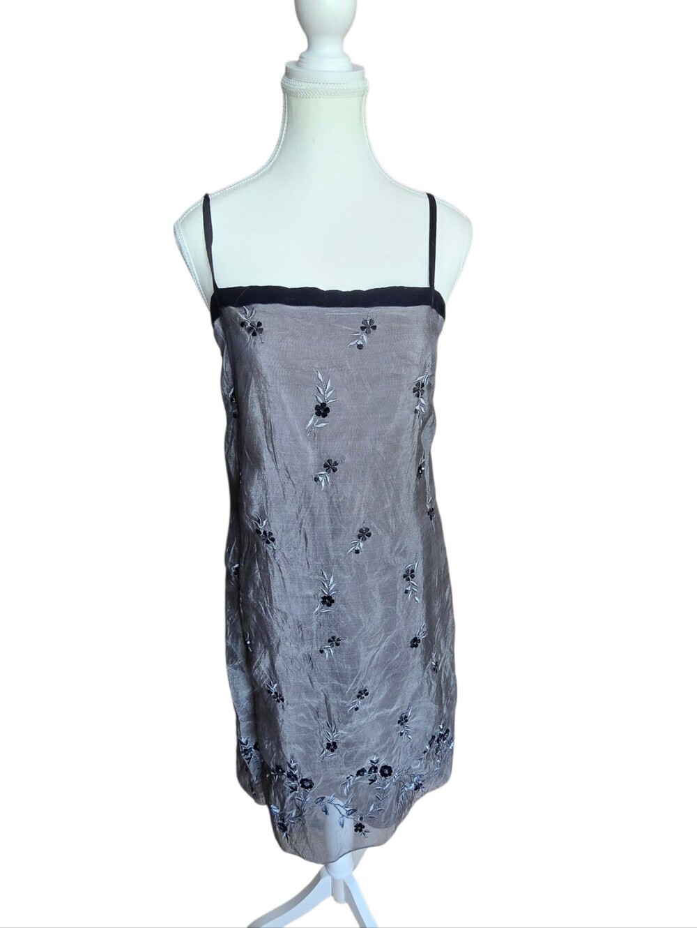 Vintage Ann Taylor Y2K 100% Silk Black Floral Embroidered Velvet Trim Dress 12 - Picture 2 of 9
